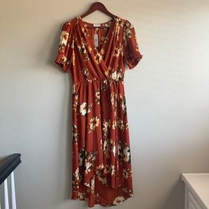 size medium Bohemian style reddish brown dress with floral print